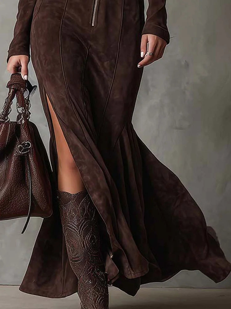 Julina - Chic Long Suede-Effect Dress